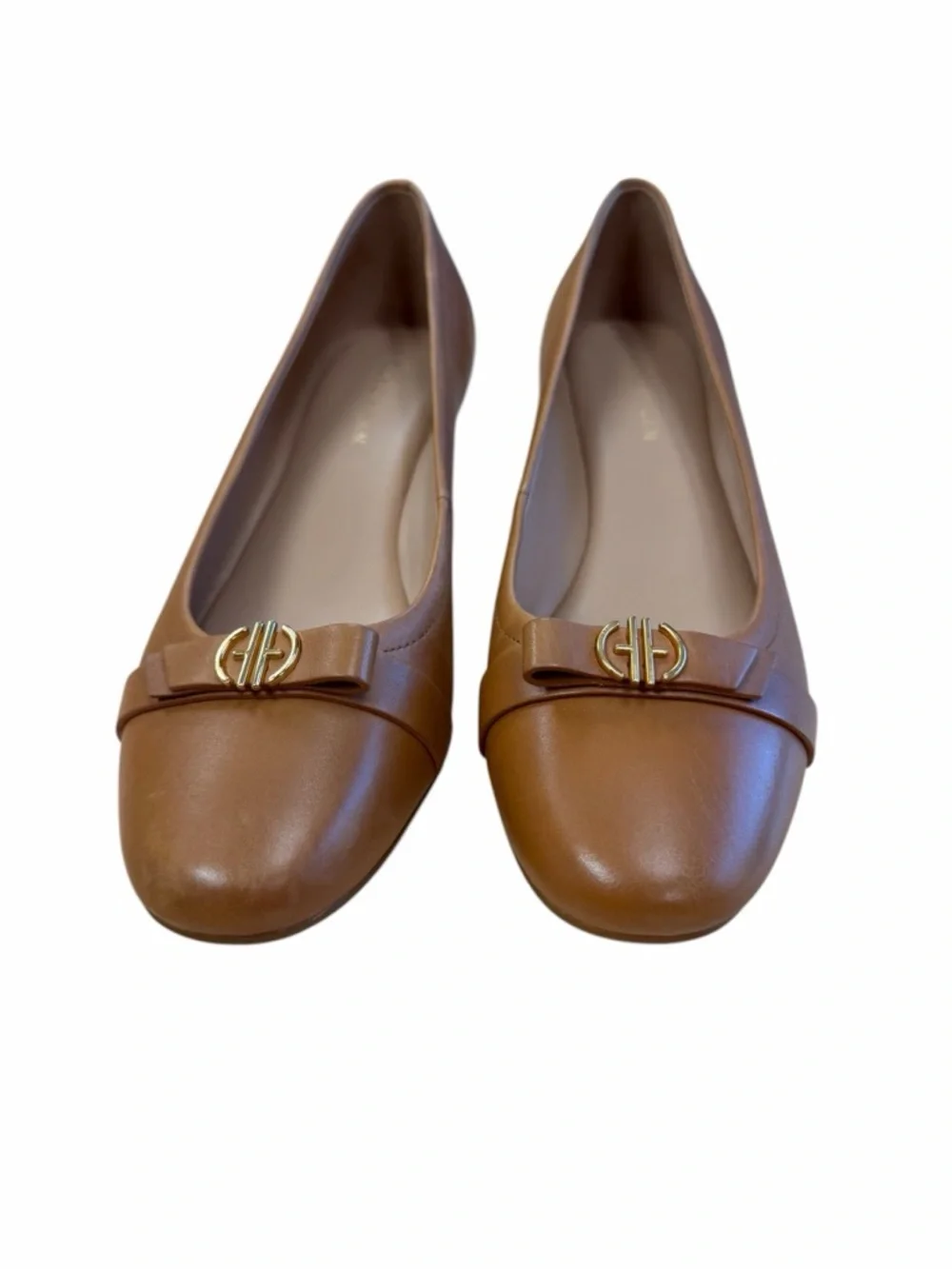Cole Haan Cognac Leather‎ Low Wedge Pump with Bow and Gold Logo